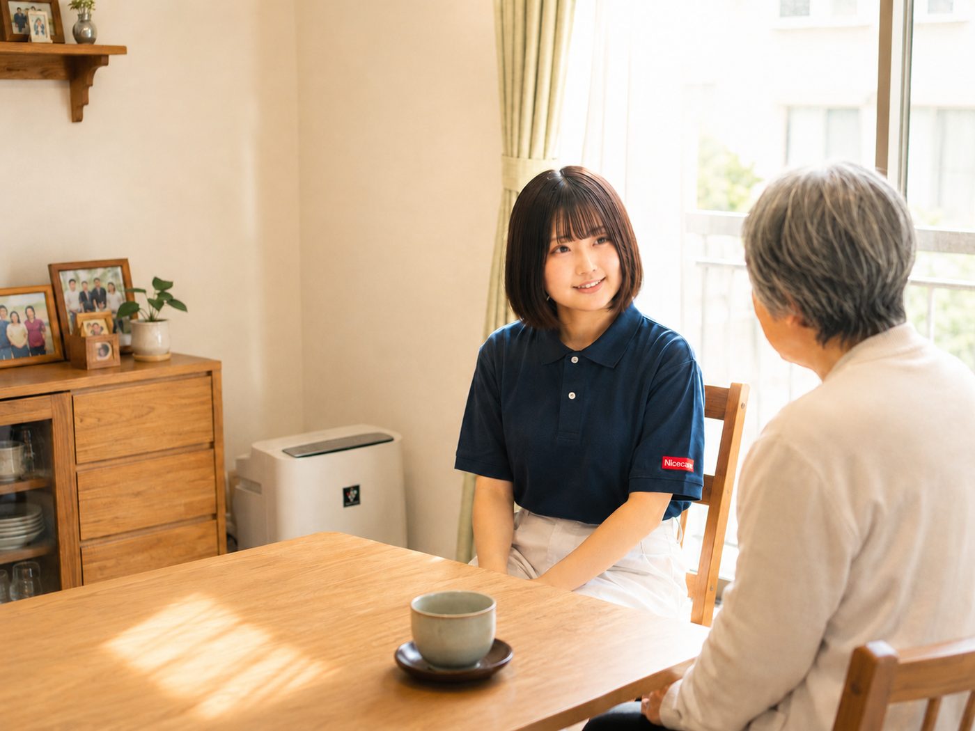 ご利用者さま宅で、お茶を前に話すヘルパー